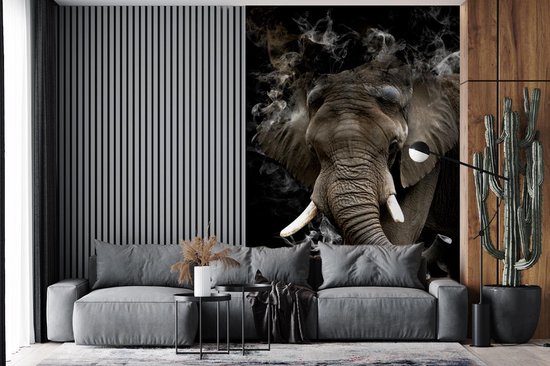 Papier peint - Papier peint photo Éléphant - Fumée - Zwart - Largeur 145 cm x hauteur 220 cm