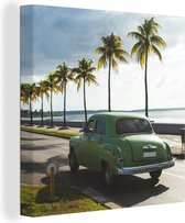 Canvas Schilderij Cuba - Palmboom - Auto - 50x50 cm - Wanddecoratie
