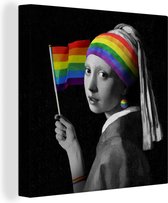 Canvas Schilderij Meisje met de parel - Pride Vlag - Regenboog - 90x90 cm - Wanddecoratie
