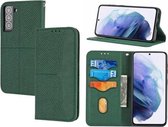 Voor Samsung Galaxy S21 FE Geweven Textuur Stiksels Magnetische Horizontale Flip PU Lederen Case met Houder & Kaartsleuven & Portemonnee & Lanyard (Groen)