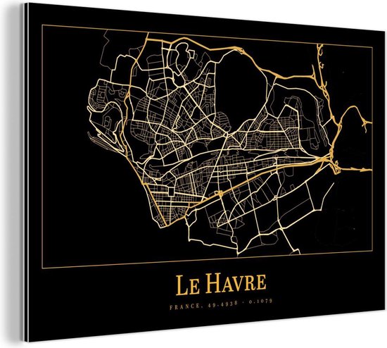 Wanddecoratie Metaal - Aluminium Schilderij Industrieel - Kaart - Le Havre - Luxe - Goud - Zwart - 30x20 cm - Dibond - Foto op aluminium - Industriële muurdecoratie - Voor de woonkamer/slaapkamer