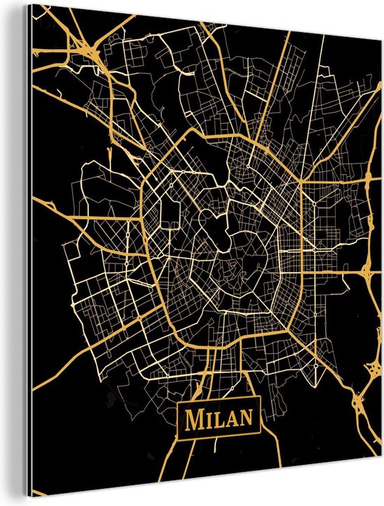 Décoration murale Métal - Peinture Aluminium Industriel - Carte - Milan - Italie - Or - Zwart - 20x20 cm - Dibond - Photo sur aluminium - Décoration murale industrielle - Pour le salon/chambre
