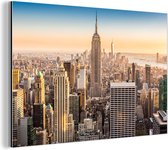 Wanddecoratie Metaal - Aluminium Schilderij Industrieel - New York - Mist - Skyline - 90x60 cm - Dibond - Foto op aluminium - Industriële muurdecoratie - Voor de woonkamer/slaapkamer