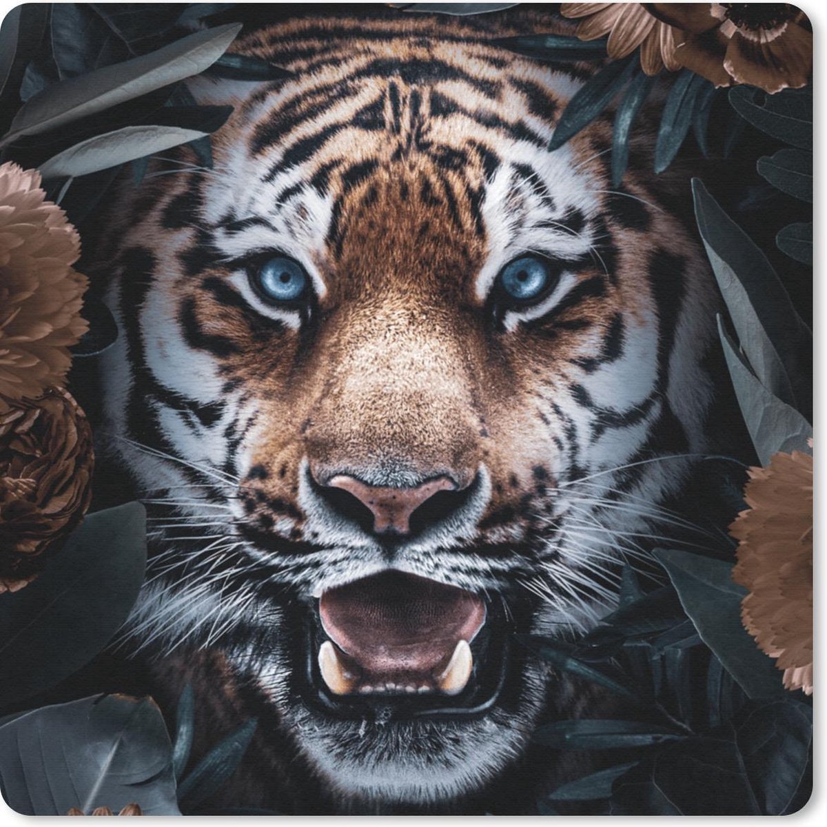 Muismat 30x30 cm - Mousepad Tijger - Bloemen - Blad - Muismatten