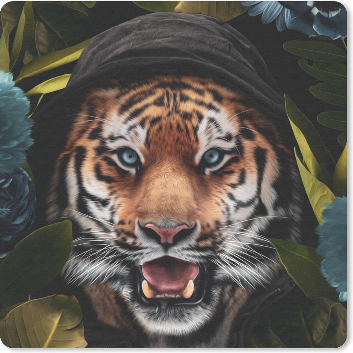 Muismat 20x20 cm - Mousepad Tijger - Bloemen - Blauw - Muismatten