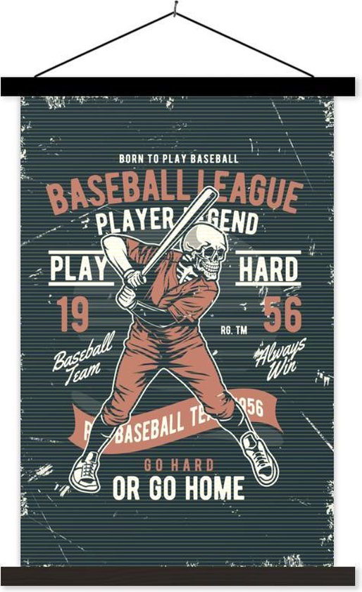 Affiche scolaire - Vintage - Tête de mort - Baseball - 40x60 cm - Lattes noires