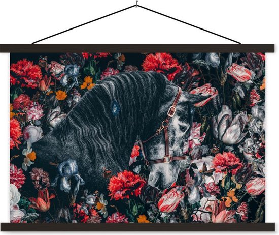 Porte-affiche avec affiche - Affiche scolaire - Cheval - Fleurs - Zwart - 150x100 cm - Lattes noires
