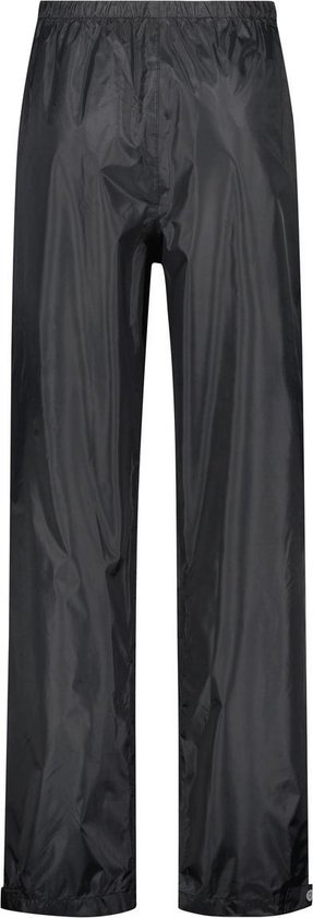 Zwarte regenbroek met elastische tailleband en zoom.
