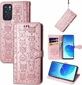 Voor OPPO Reno6 5G Leuke Kat en Hond Reliëf Horizontale Flip Lederen Case met Houder & Kaartsleuven & Portemonnee & Lanyard (Rose Goud)