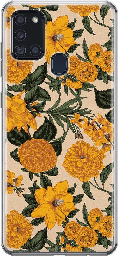Coque souple en TPU transparent avec un imprimé floral rétro jaune et vert sur fond beige. La coque recouvre l'arrière et les côtés du téléphone.