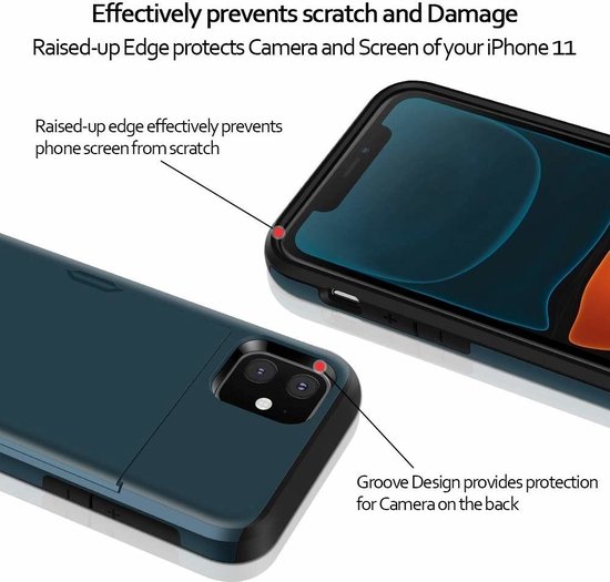 Donkerblauw hoesje voor iPhone 11 met verhoogde randen en groeven voor cameraprotectie.