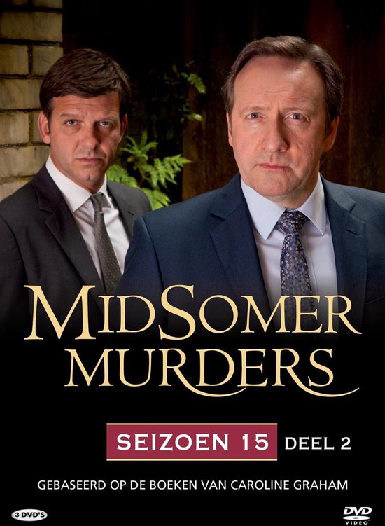 Twee mannen in pak kijken serieus naar de camera, met 'Midsomer Murders Seizoen 15 Deel 2' erop.
