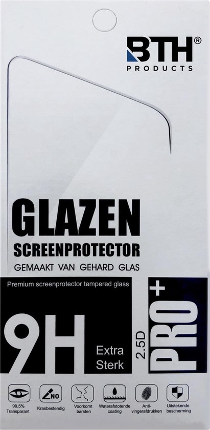 Verpakking BTH screenprotector gehard glas, met "9H Extra Sterk"