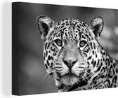 Canvas schilderij 140x90 cm - Wanddecoratie Close-up luipaard - zwart wit - Muurdecoratie woonkamer - Slaapkamer decoratie - Kamer accessoires - Schilderijen