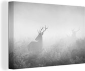 Canvas Schilderij Herten in de mist - zwart wit - 30x20 cm - Wanddecoratie