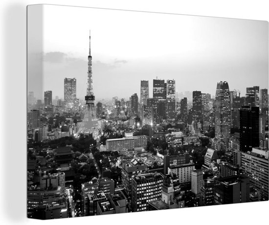 Canvas Schilderij Skyline van Tokio - zwart wit - 90x60 cm - Wanddecoratie