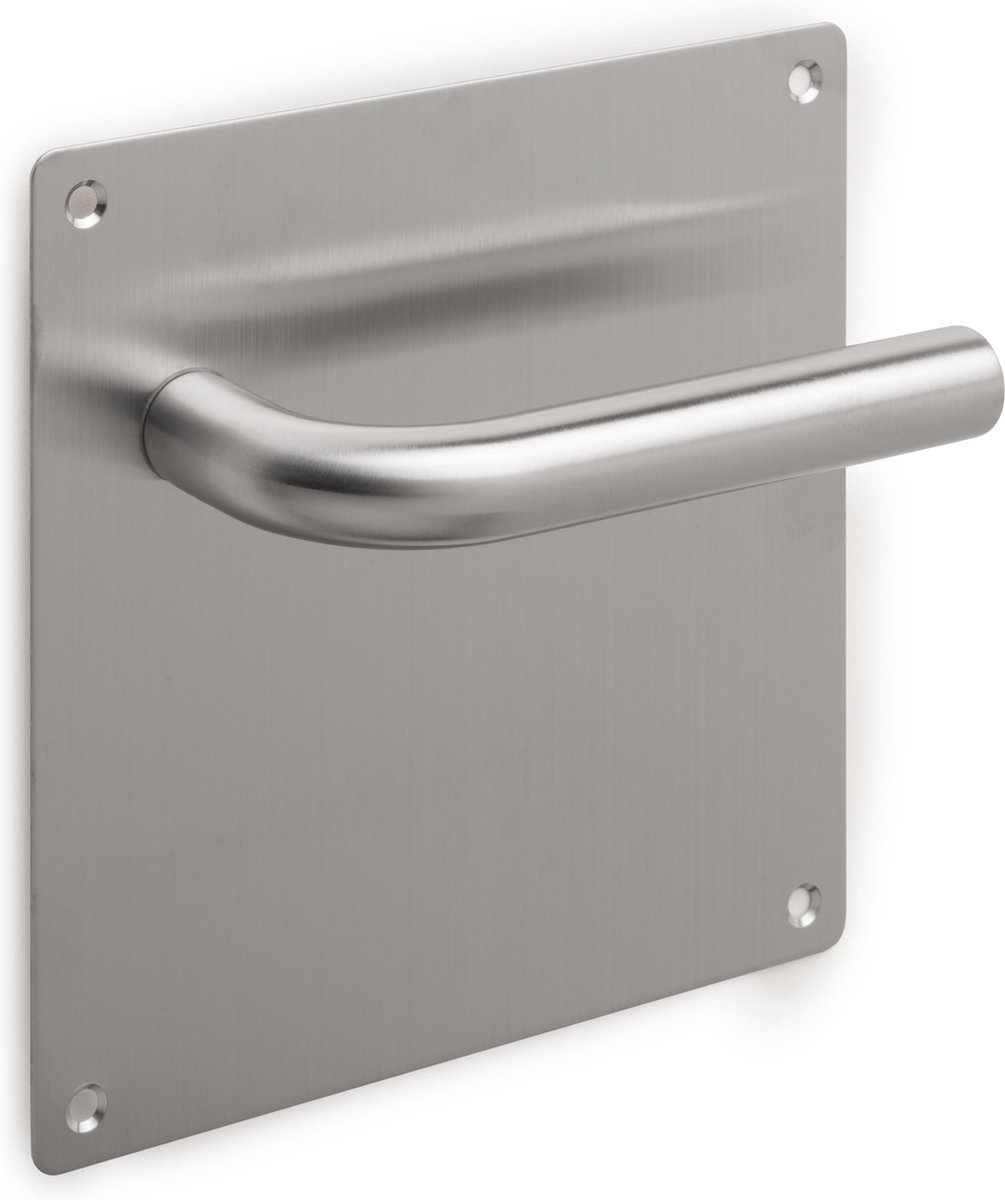 Emuca Set Klinken met plaatje 17x17 cm voor binnendeuren, L-vormig, roestvrij staal, satijnnikkel.