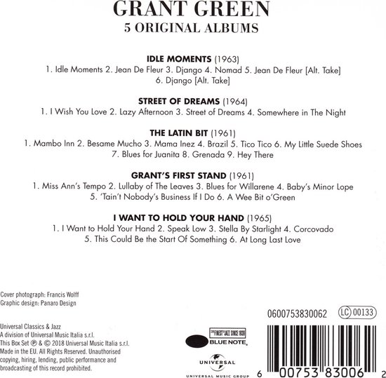Achterkant van Grant Green 5 Original Albums boxset, met tracklijsten en logo's.