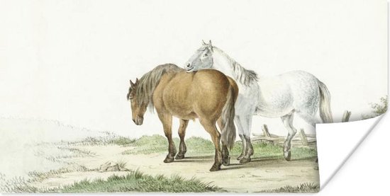 Poster Een bruin en wit paard langs een hek - schilderij van Jean Bernard - 120x60 cm