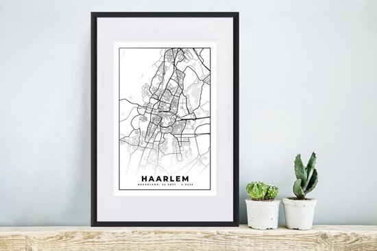 Affiche avec cadre Carte - Haarlem - Zwart - Wit - 40x60 cm