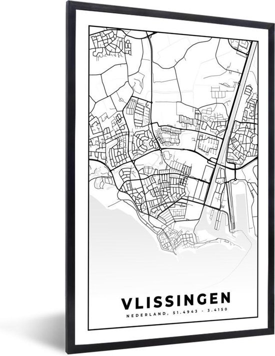 Fotolijst incl. Poster - Kaart - Vlissingen - Zwart - Wit - 40x60 cm - Posterlijst