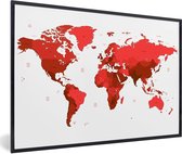 Fotolijst incl. Poster - Wereldkaart - Rood - Simpel - 90x60 cm - Posterlijst
