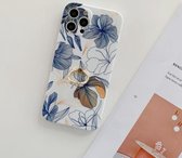 Voor iPhone 12 Pro Frosted Flowers Pattern IMD TPU Case with Metal Diamond Ring Holder (Blauw)