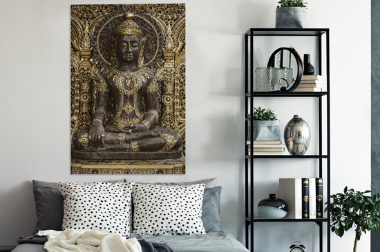 Canvas schilderij 90x140 cm - Wanddecoratie Boeddha - Beeld - Goud - Muurdecoratie woonkamer - Slaapkamer decoratie - Kamer accessoires - Schilderijen