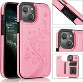 Vlinders Bloemen Dubbele gesp PU + TPU-beschermhoes met houder & kaartsleuven & fotolijst voor iPhone 13 mini (roze)