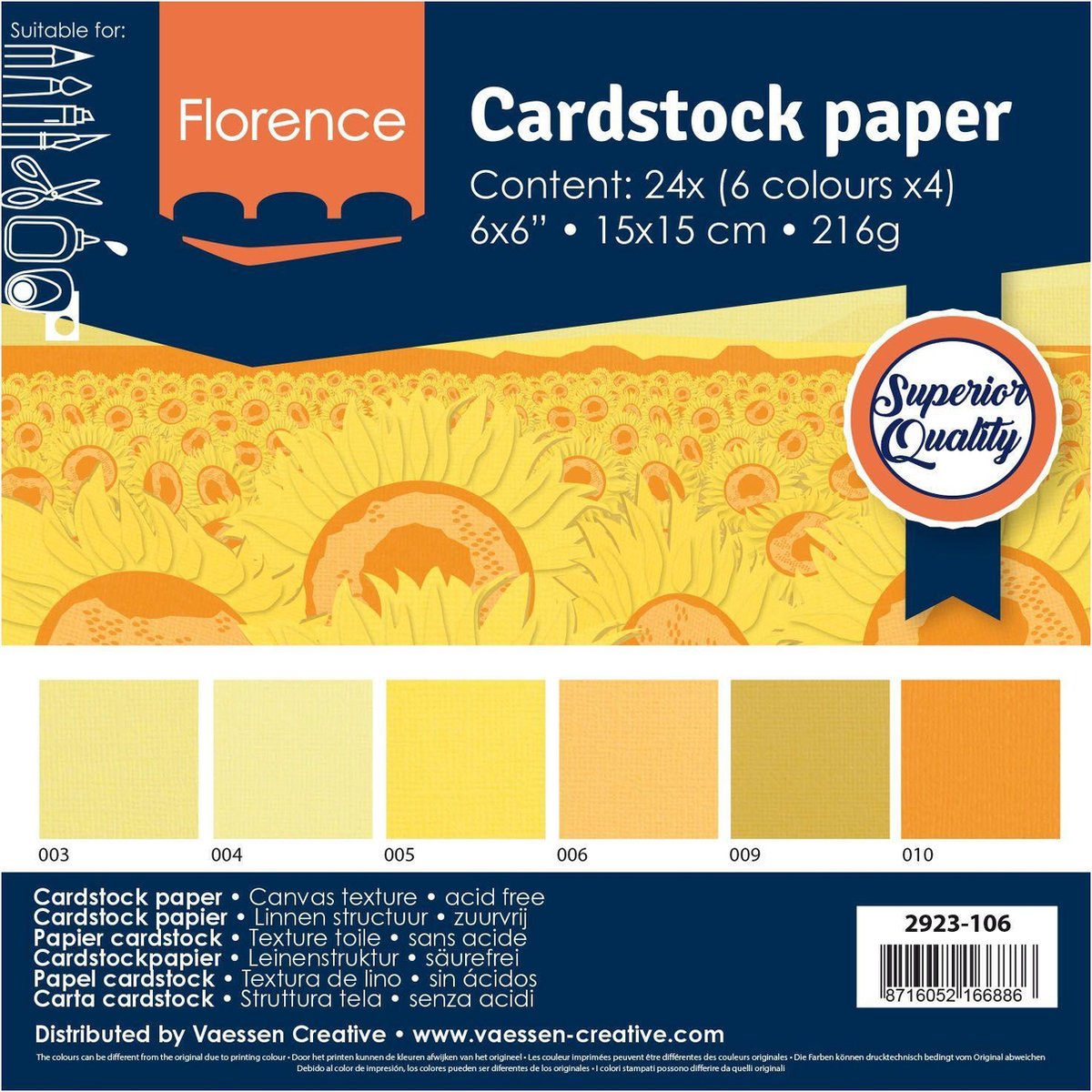 Vaessen Creative Florence Cardstock, Stevig Kaartpapier 216g - Geel, 24 Stuks. 15 x 15 cm