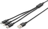 DIGITUS USB-oplaadkabel - 1,0 m - USB A (St) naar Lightning (St), USB Micro B (St), USB C (St) - aansluitkabel - zwart