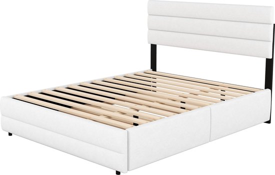 Merax Lit double 140 x 200 - Cadre de lit avec 2 tiroirs et lit gigogne supplémentaire 90 x 190 - Wit