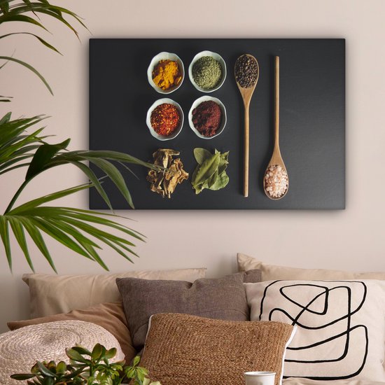 Toile Peinture Louche - Épices - Herbes - Vert - Marron - Rustique - 90x60 cm - Décoration murale