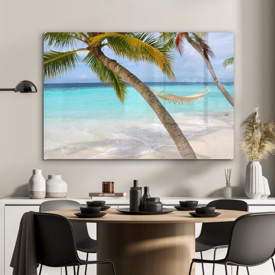 MuchoWow® Peinture sur verre 90x60 cm - Peinture sur verre acrylique - Mer - Palmier - Hamac - Photo sur verre - Peintures