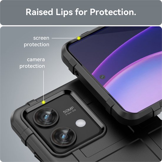 Close-up van zwarte Rugged Shield hoes die scherm en camera beschermt.