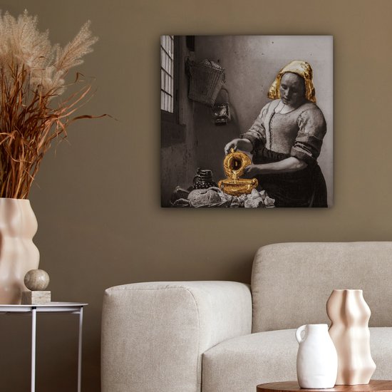 Schilderijen op canvas - Het melkmeisje - Wanddecoratie - Johannes Vermeer - Gouden tint - 50x50 cm - Slaapkamer - Schilderijen op canvas