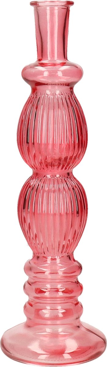 Ideas 4 Seasons Bloemenvaas/kandelaar Florence Ribbel - koraal rood glas - helder - D9 x H28 cm - voor losse bloemen