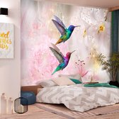 Fotobehangkoning - Behang - Vliesbehang - Fotobehang Kolibries bij de Roze Bloemen - Kleurrijke Kolibrie - Colourful Hummingbirds (Pink) - 150 x 105 cm
