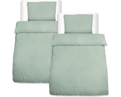 Beautissu Meline Seersucker Dekbedovertrek Set 155x220 cm & Kussensloop 80x80 cm met Rits Zomer Beddengoed Salbei Groen Ademend & Huidvriendelijk