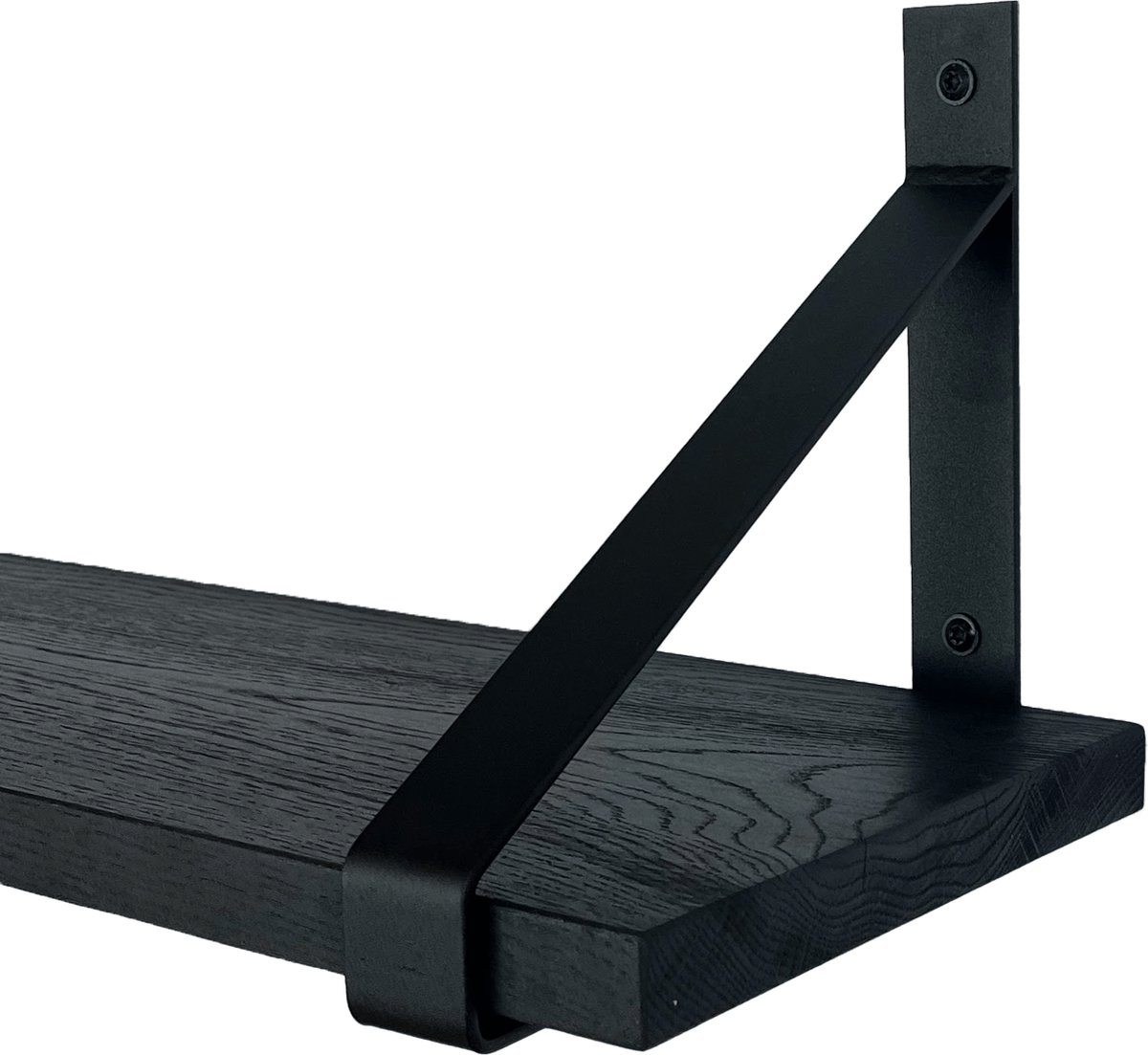 GoudmetHout Wandplank Industrieel - 200 x 25 cm Muurplank - Zwart Eiken Hout - Decoratie Wandrek & Boekenrek - Hangplank Keuken - Wall Shelf + 2 Mat Zwarte Plankdragers van Staal Zwart - Mat zwart - 25 cm
