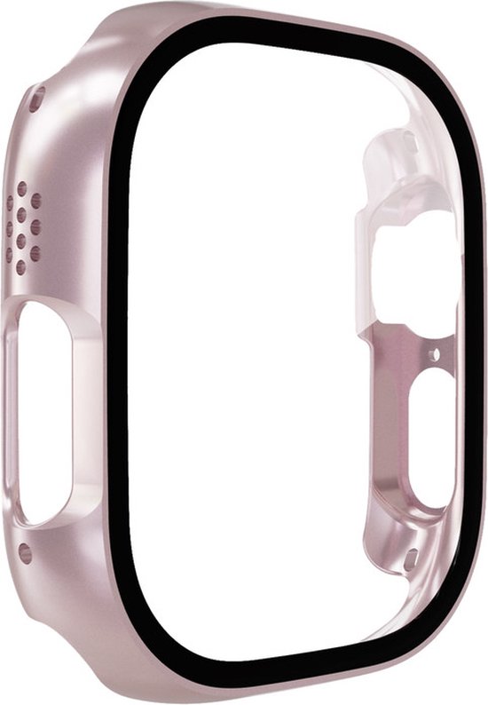 Rosegouden Apple Watch Ultra hoesje met zwarte rand en ventilatieopeningen.