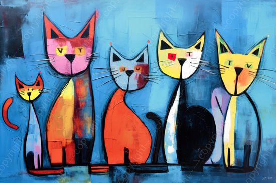 JJ-Art (Canvas) 120x80 | 5 Poezen, abstract in modern surrealisme, kunst, felle kleuren | dier, poes, kat, geel, rood, blauw, zwart roze, humor, modern | Foto-Schilderij canvas print (wanddecoratie)