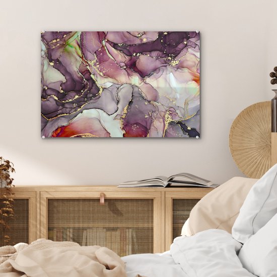 MuchoWow® Peinture sur Verre - Marbre - Rouge - Violet - Or - 60x40 cm - Peintures sur Verre Acrylique - Photo sur Glas