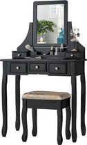 Make-uptafel met kruk, 5 laden, afneembare opbergdoos, 360 graden draaibare spiegel, kaptafel van tafel en afneembaar bovendeel, houten make-uptafel (zwart)