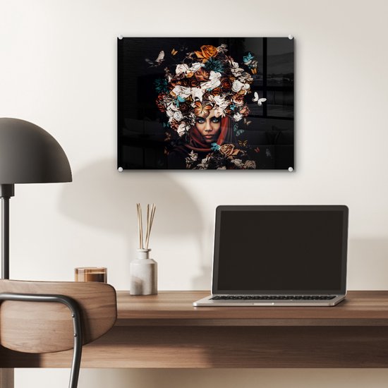 MuchoWow® Peinture sur Verre - Fleurs - Papillon - Femmes - Foulard - 40x30 cm - Peintures sur Verre Acrylique - Photo sur Glas