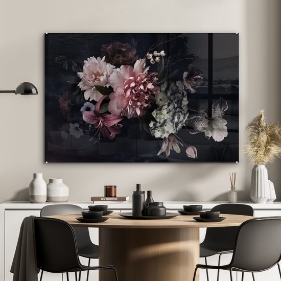 Peinture sur verre fleurs - Vintage - Pastel - Zwart - Bouquet - Peinture sur verre - Salon - 120x80 cm - Décoration fleurs - Décoration chambre - Décoration murale