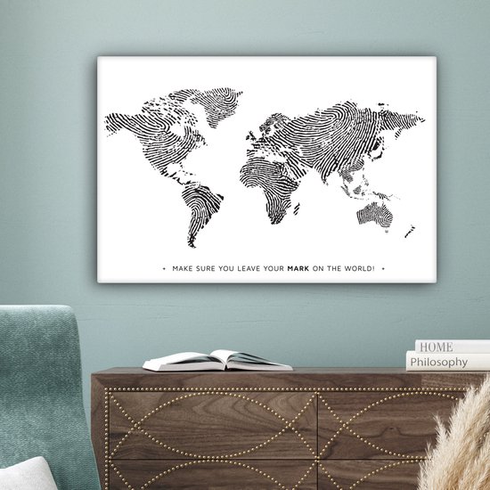 Wereldkaart en toile - Citation - Empreinte digitale - 180x120 cm - Décoration murale