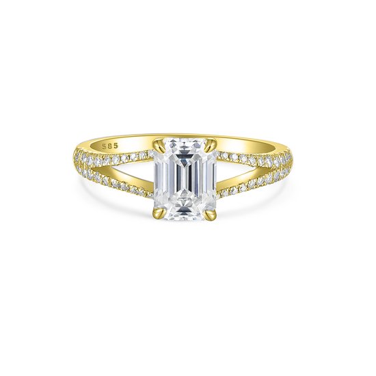 Emelise - 14k Geelgouden Smaragd Geslepen Moissanite Ring met Split- 14k GeelgoudenShank en Zijstenen - 3.5 karaat