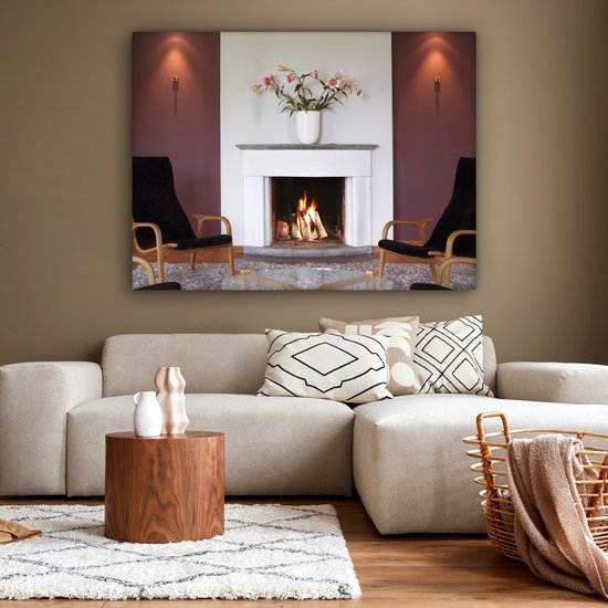Une cheminée dans un salon 160x120 cm - Tirage photo sur toile (Décoration murale salon / chambre) XXL / Grand format!