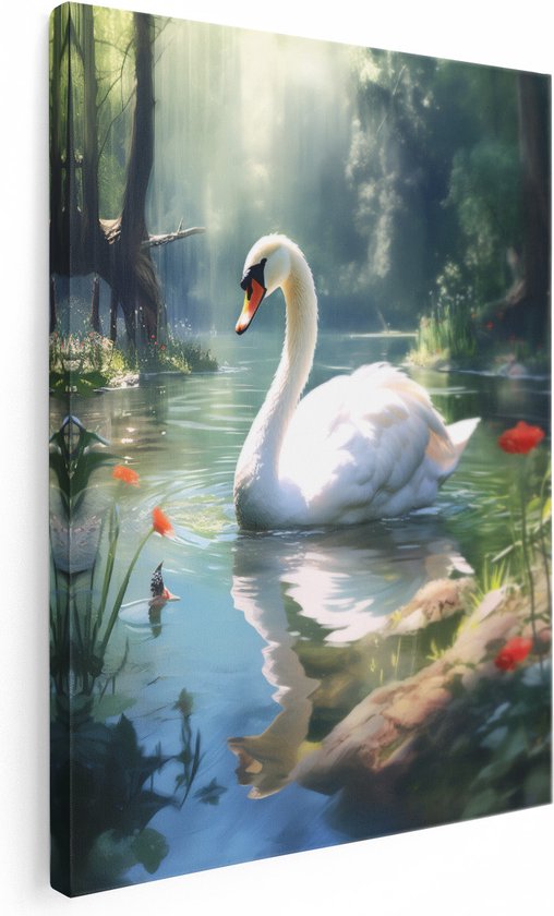 Artaza Canvas Schilderij Zwaan op het Water - 90x120 - Groot - Foto Op Canvas - Wanddecoratie Woonkamer
